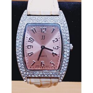 Women's JJ Square Rhinestone Quartz *Working* Watch w Pink Face and Cream Straps